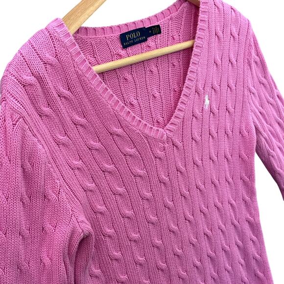 Polo Ralph Lauren Pink V Neck Cable Knit Sweater Women Medium - Picture 2 of 9